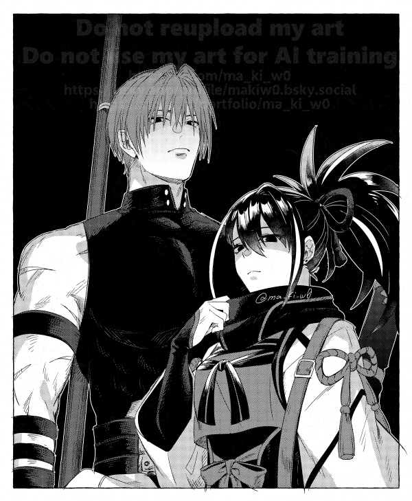 1boy, 1girl, black_hair, black_scarf, fate/grand_order, fate_(series), greyscale, harada_sanosuke_(fate)