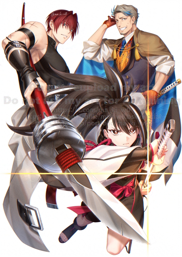 1girl, 2boys, abs, black_hair, blue_hair, brown_hair, fate/grand_order, fate_(series)