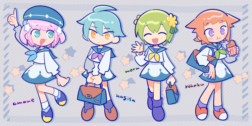4girls, alternate_costume, amane_(pastel_parade), aqua_hair, bag, beret, black_shoes, blue_eyes
