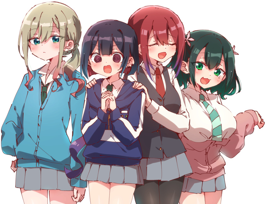 4girls, :3, @_@, aqua_eyes, bad_girl_(manga), black_hair, black_pantyhose, black_vest