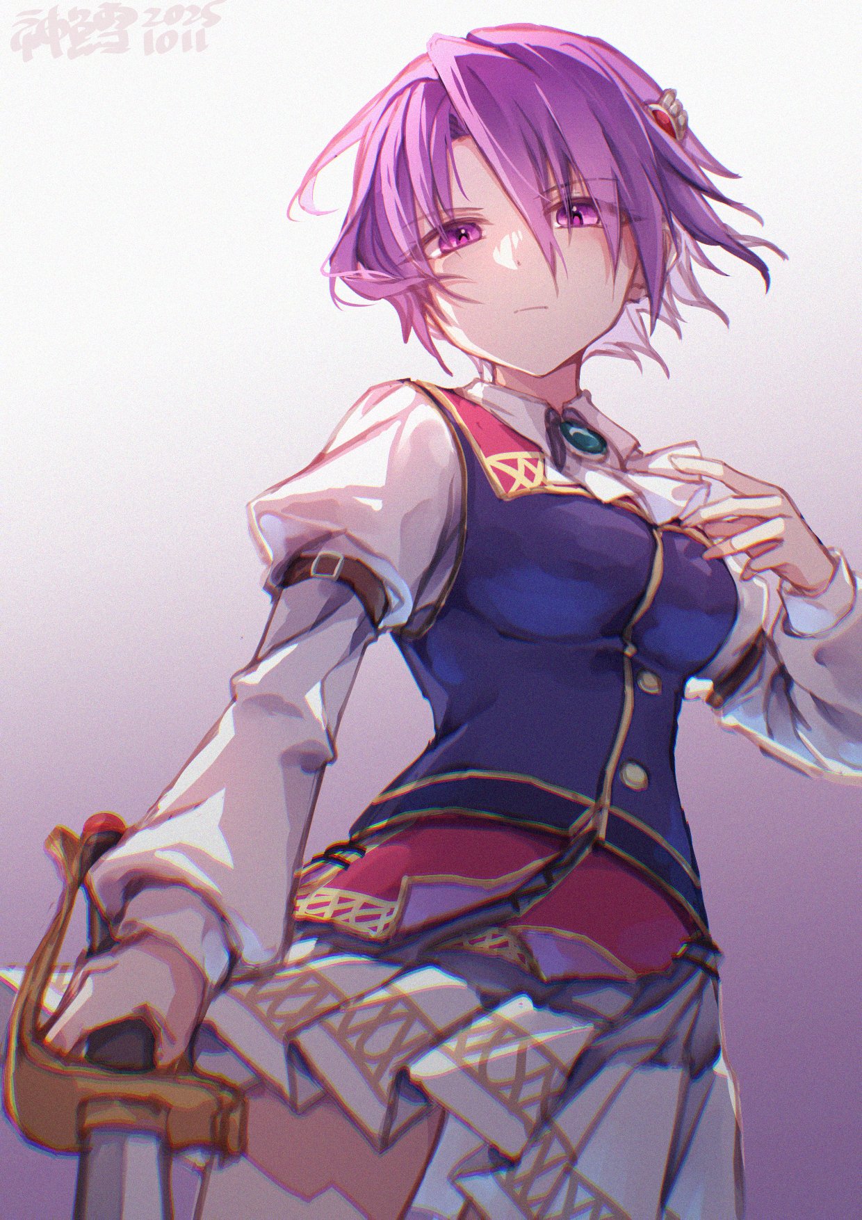 1girl, artist_name, ascot, breasts, brooch, curtained_hair, dated, eiyuu_densetsu