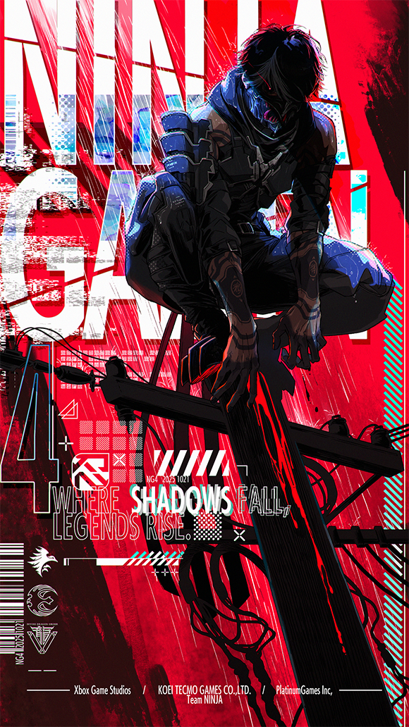 1boy, arm_tattoo, armor, bare_shoulders, belt, black_armor, black_hair, black_pants, black_scarf, blood, cable, fangs, hand_tattoo, kneeling, looking_at_viewer, male_focus, mask, mouth_mask, multicolored_hair, ninja, ninja_gaiden, ninja_gaiden_4, nishii_tomoko, pants, rain, red_eyes, scarf, short_hair, shoulder_armor, shoulder_plates, solo, tattoo, text_background, white_hair, yakumo_(ninja_gaiden)