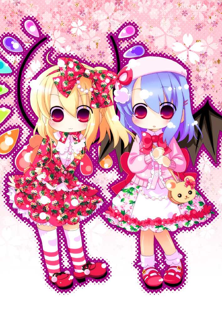2girls, alternate_costume, alternate_costumes, blonde_hair, blue_hair, bow, chibi, dress
