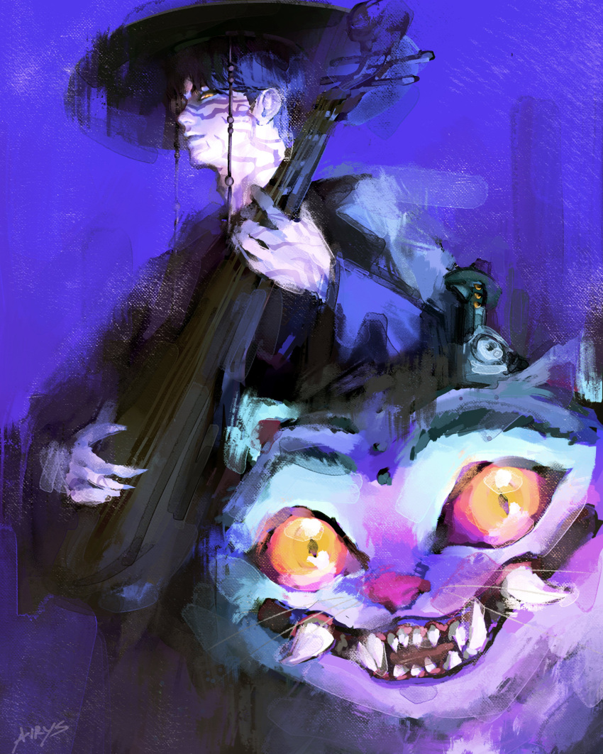 1boy, absurdres, airys_ooo, artist_name, black_hair, black_hat, black_robe, body_markings, claws, demon_boy, derpy_(kpop_demon_hunters), facial_mark, fangs, hat, highres, holding, holding_instrument, instrument, jinu_(kpop_demon_hunters), kpop_demon_hunters, looking_at_viewer, male_focus, parted_bangs, robe, short_hair, tiger, upper_body, wide_brim, yellow_eyes
