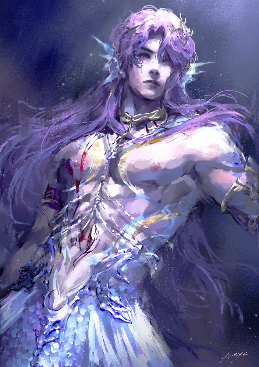 1boy, absurdres, airys_ooo, armlet, artist_name, bare_shoulders, closed_mouth, fins