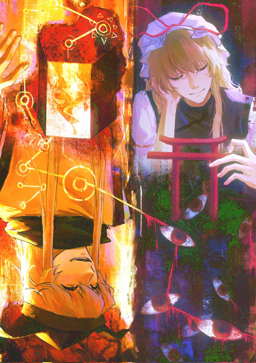 2girls, 320tbsyc, :d, ^_^, black_hat, blonde_hair, chinese_commentary, closed_eyes