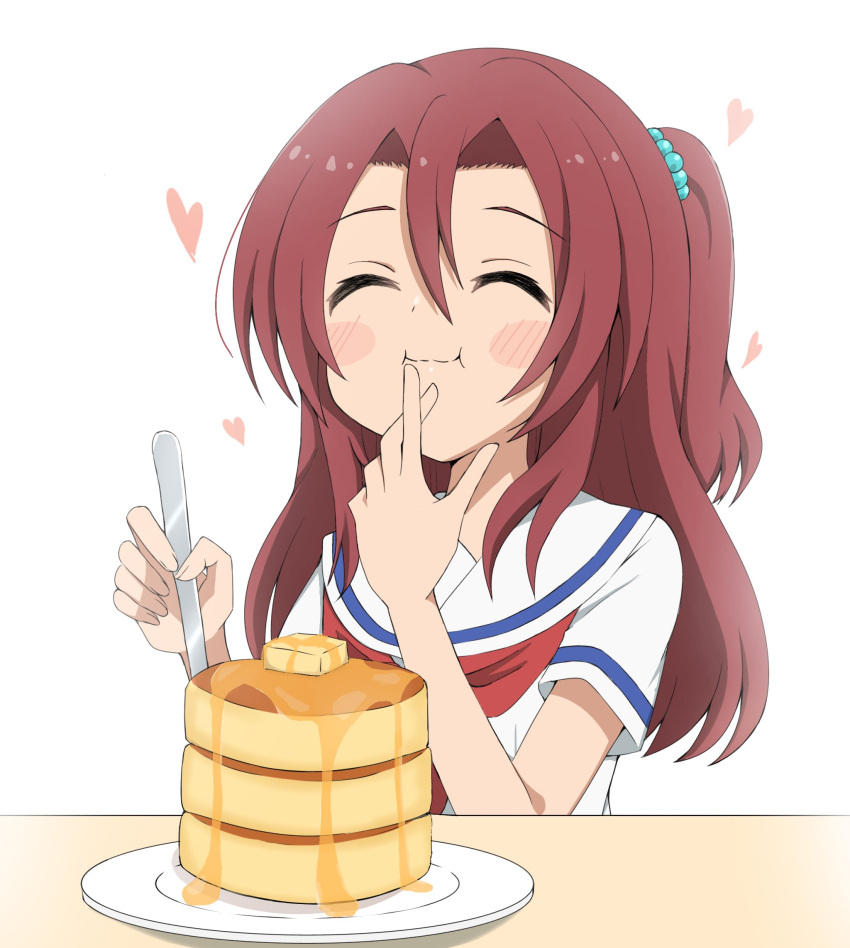 1girl, blush_stickers, brown_hair, closed_eyes, food, high_school_fleet, highres, long_hair, matsunaga_ritsuko, midorima_bocchi, neckerchief, one_side_up, pancake, pancake_stack, red_neckerchief, sailor_collar, sailor_shirt, school_uniform, serafuku, shirt, smiole, solo, upper_body, white_sailor_collar, yokosuka_girls_marine_high_school_uniform