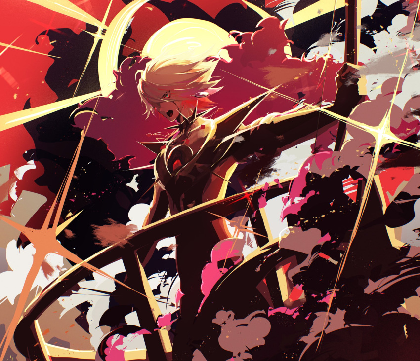 1boy, blue_eyes, chest_jewel, collar, earrings, fate/grand_order, fate_(series), gloves, hair_over_one_eye, highres, holding, jewelry, jun_canopus, karna_(fate), male_focus, pale_skin, short_hair, solo, spiked_collar, spikes, vasavi_shakti_(fate), white_hair