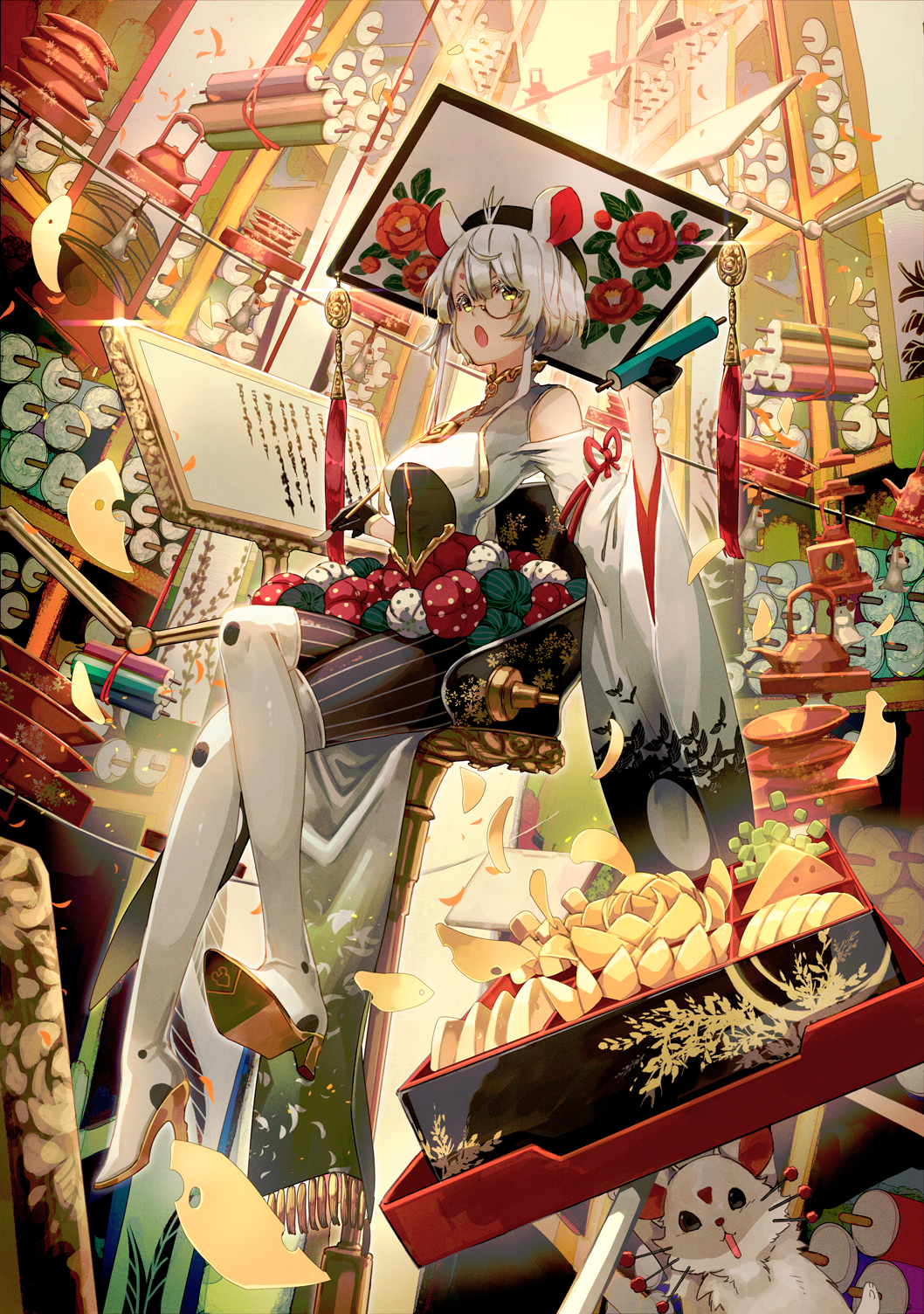 1girl, :o, animal_ears, animal_print, bare_shoulders, bird_print, black_gloves, black_pantyhose, black_shirt, book_stand, boots, bowl_stack, calligraphy_brush, center-flap_bangs, chair, cheese, chinese_zodiac, chips_(food), clothing_cutout, colored_shoe_soles, colored_tips, crossed_legs, cup, falling_petals, floating_chair, floral_print, food, full_body, glint, gloves, gold_trim, green_skirt, half_gloves, hand_up, hanging_scroll, hat, hat_tassel, high_heel_boots, high_heels, highres, holding, holding_calligraphy_brush, holding_paintbrush, holding_scroll, juubako, mandarin_collar, mito_itsuki, monocle, moon_print, mortarboard, mouse_(animal), mouse_ears, mouse_girl, multicolored_hair, multicolored_skirt, new_year, original, osechi, paintbrush, pantyhose, patchwork_clothes, petals, pinstripe_pantyhose, red_pupils, red_skirt, sakazuki, scroll, shelf, shirt, shoe_soles, short_eyebrows, short_hair_with_long_locks, shoulder_cutout, sidelocks, sitting, skirt, sleeve_ribbon, spilling, string, tassel, teapot, thigh_boots, two-tone_shirt, white_boots, white_hair, white_shirt, white_skirt, wide_sleeves, year_of_the_rat, yellow_eyes