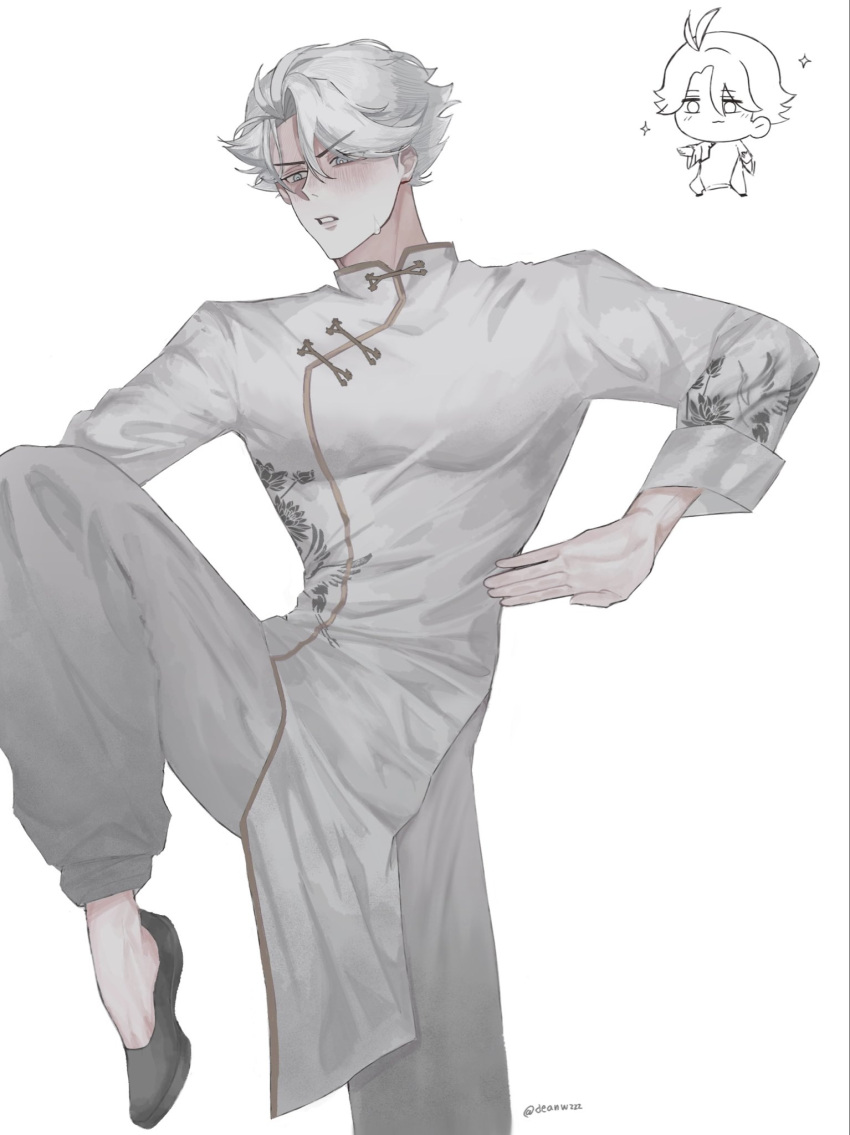 1boy, blush, china_dress, chinese_clothes, covered_pectorals, cowboy_shot, deanwzzz, dress