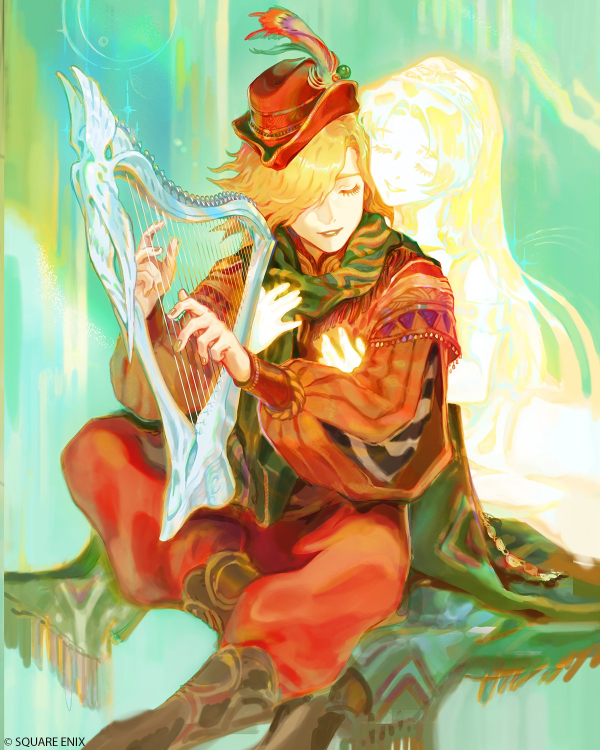 1boy, 1girl, anna_(ff4), baggy_pants, black_boots, blonde_hair, boots, closed_eyes