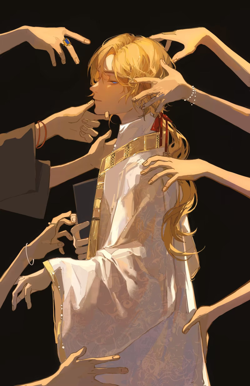 1boy, absurdres, black_background, blonde_hair, blue_eyes, book, bracelet, chinese_commentary