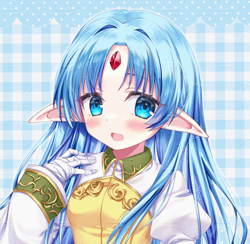 1girl, :d, absurdres, bandaged_hand, bandages, blue_background, blue_eyes, blue_hair, blush, breasts, chinese_commentary, commentary_request, commission, curtained_hair, elf, facing_viewer, forehead_jewel, gem, gingham_background, hair_intakes, hand_up, highres, juliet_sleeves, kalar_(race), large_ears, linnaiaaa, long_hair, long_sleeves, looking_to_the_side, middle_part, parted_bangs, petite, plaid_background, pointy_ears, portrait, puffy_sleeves, rance_(series), red_gemstone, reset_kalar, shirt, small_breasts, smile, solo, too_many_watermarks, watermark, white_shirt, wing_collar