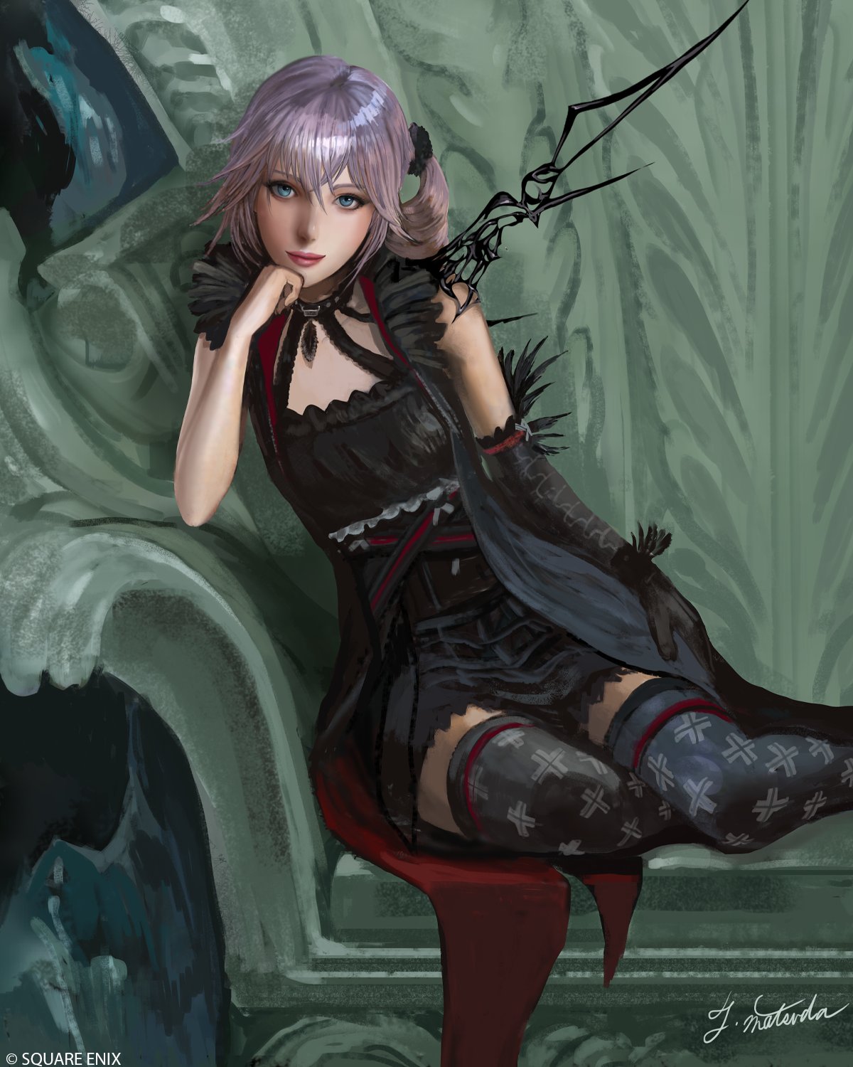1girl, aqua_eyes, black_dress, black_gloves, black_thighhighs, black_vest, breasts, closed_mouth