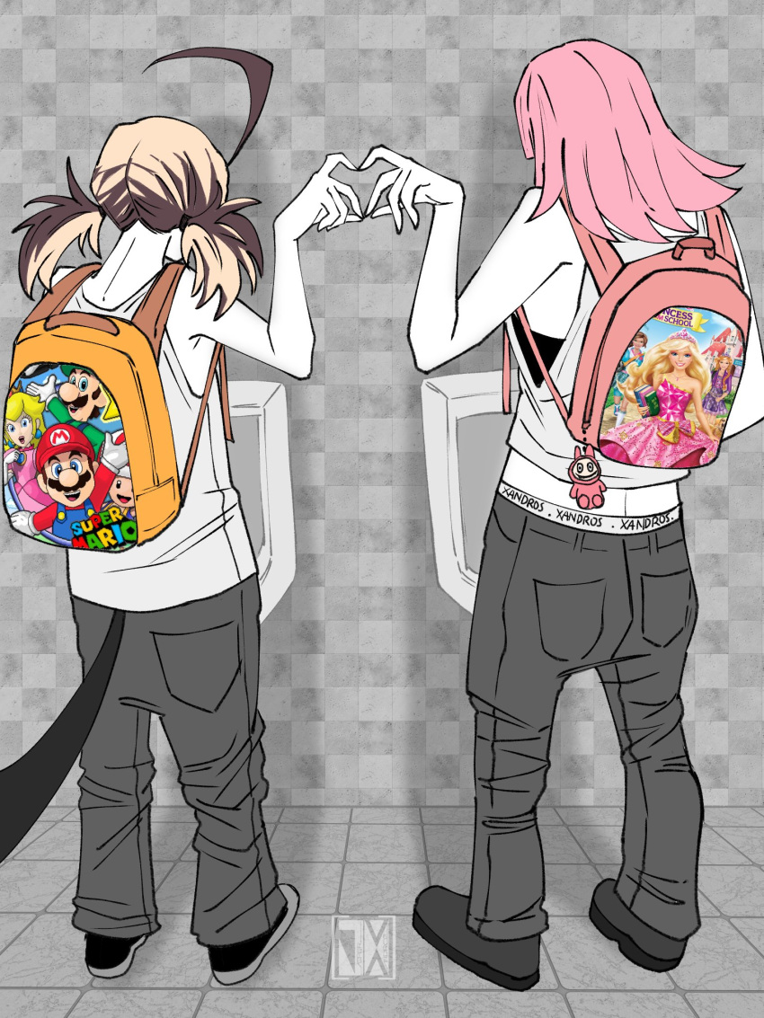 2girls, backpack, bag, barbie_(franchise), black_tail, brown_hair, commentary, facing_away