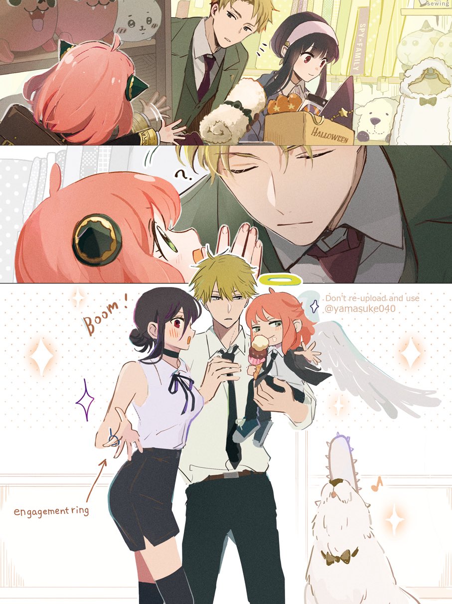 1boy, 2girls, ?, adjusting_clothes, adjusting_necktie, ahoge, angel_devil_(chainsaw_man), angel_devil_(chainsaw_man)_(cosplay)