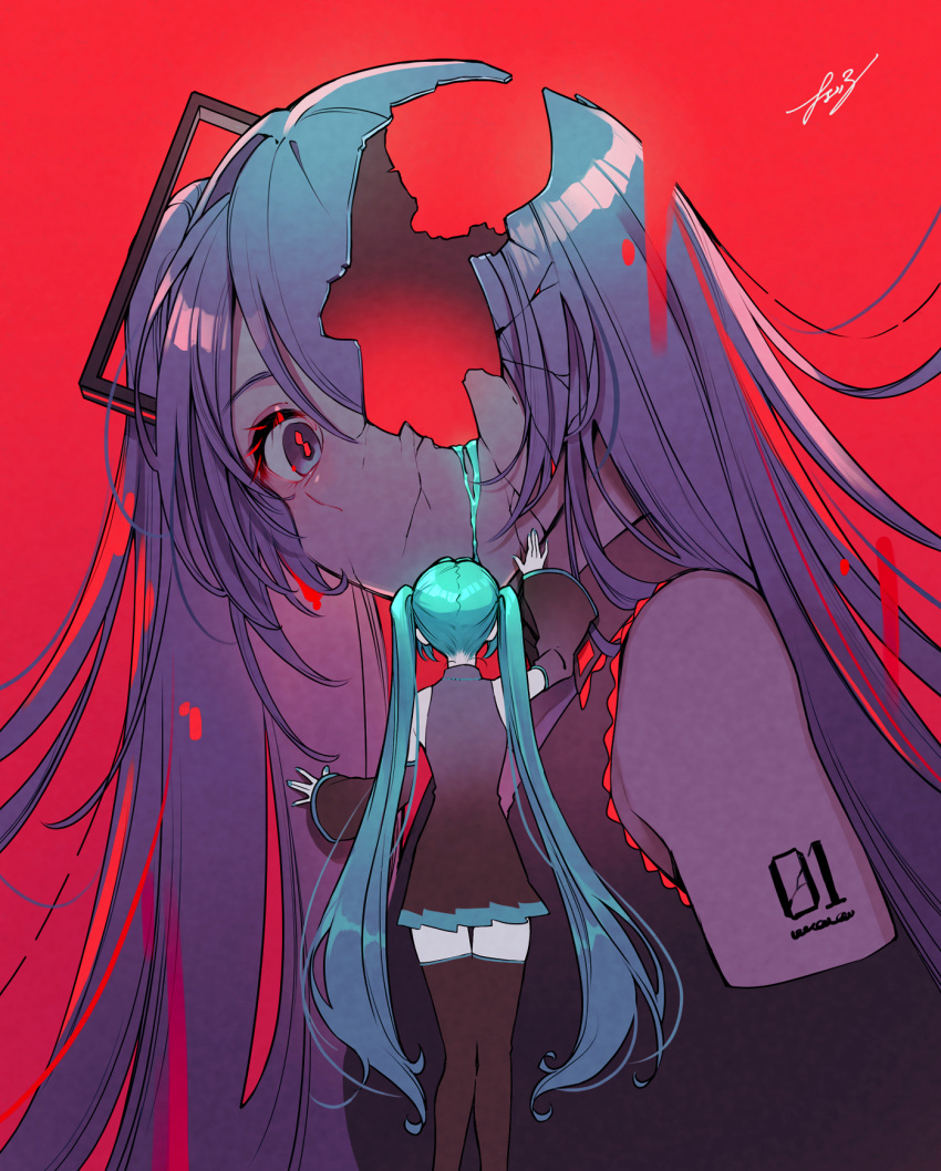 2girls, aqua_hair, artist_name, black_dress, black_sleeves, black_thighhighs, blue_hair, cherico