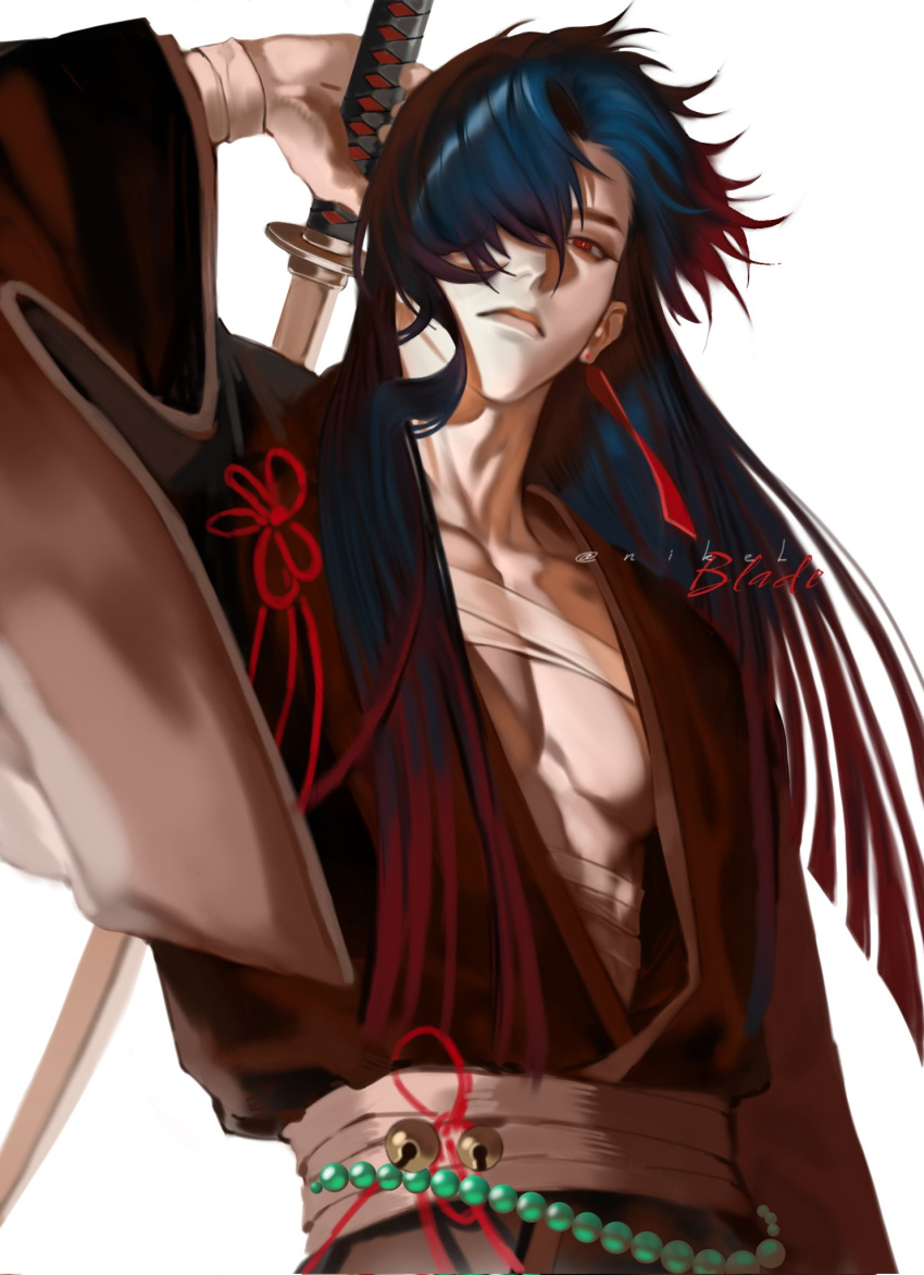 1boy, adam's_apple, alternate_costume, bandaged_arm, bandaged_chest, bandages, blade_(honkai:_star_rail), blue_hair, character_name, collarbone, corrupted_twitter_file, earrings, gradient_hair, highres, holding, holding_sword, holding_weapon, honkai:_star_rail, honkai_(series), jewelry, katana, lips, long_hair, looking_at_viewer, male_focus, multicolored_hair, nose, pectorals, red_eyes, red_hair, samurai, sword, twitter_username, two-tone_hair, upper_body, weapon, why_all_this