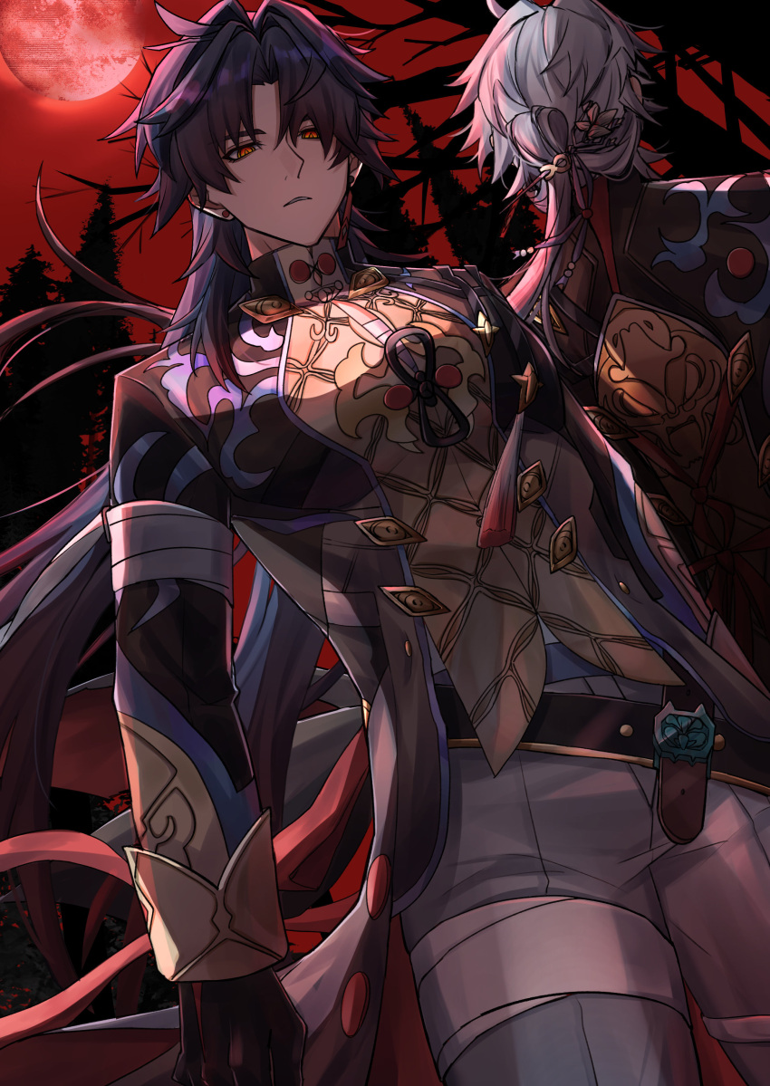 2boys, absurdres, bandaged_arm, bandaged_leg, bandages, bandages_over_clothes, blade_(honkai:_star_rail), chinese_clothes, closed_mouth, dual_persona, earrings, from_below, highres, honkai:_star_rail, honkai_(series), jewelry, long_hair, looking_at_viewer, male_focus, monyo_ex, moon, multiple_boys, parted_lips, red_eyes, red_moon, red_sky, sky, solo_focus, yingxing_(honkai:_star_rail)