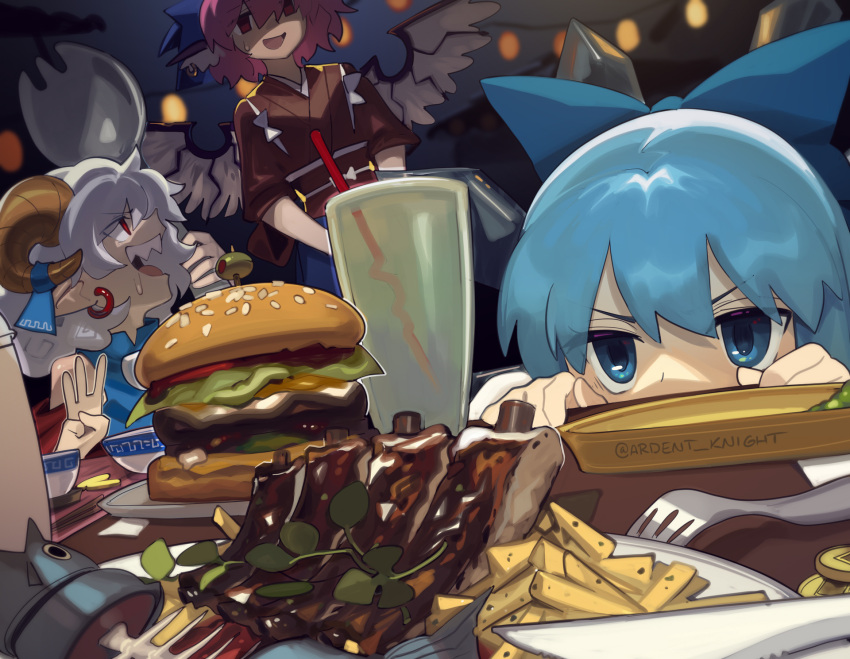 3girls, aqua_hair, bird_wings, blue_bow, blue_dress, blue_eyes, blue_headscarf, blue_ribbon