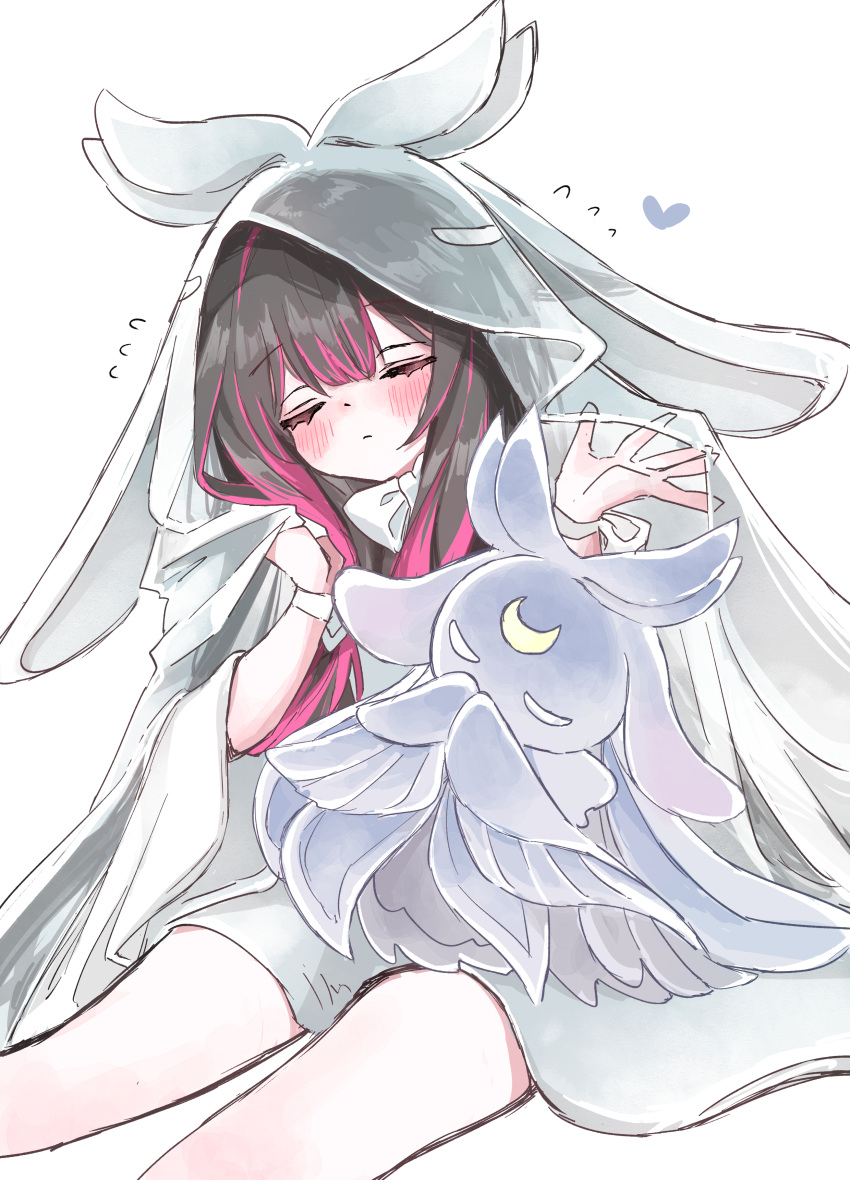 1girl, absurdres, black_hair, cloak, closed_eyes, closed_mouth, columbina_(genshin_impact), flying_sweatdrops, genshin_impact, highres, hood, hooded_cloak, kanadofish, long_hair, luonnotar_(genshin_impact), multicolored_hair, open_hand, pink_hair, simple_background, sitting