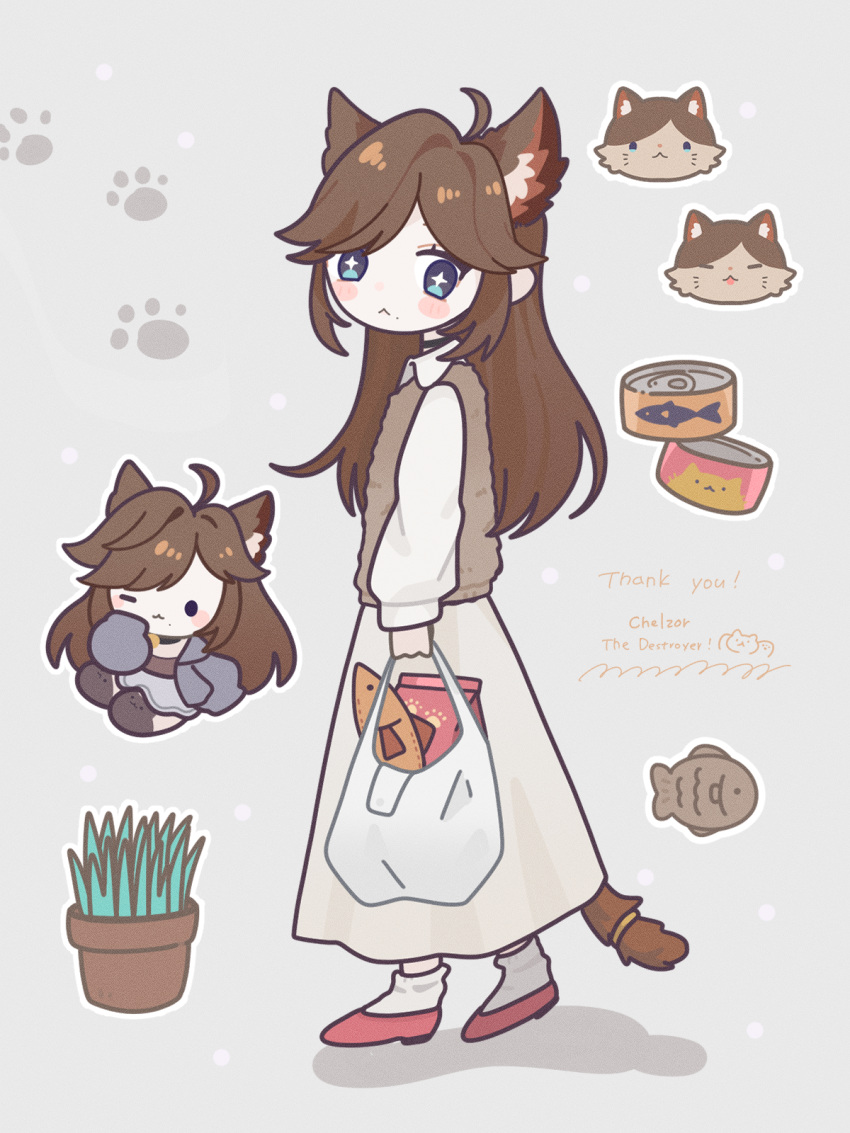 +_+, ahoge, animal_ears, bell, blue_eyes, breasts, brown_hair, cat