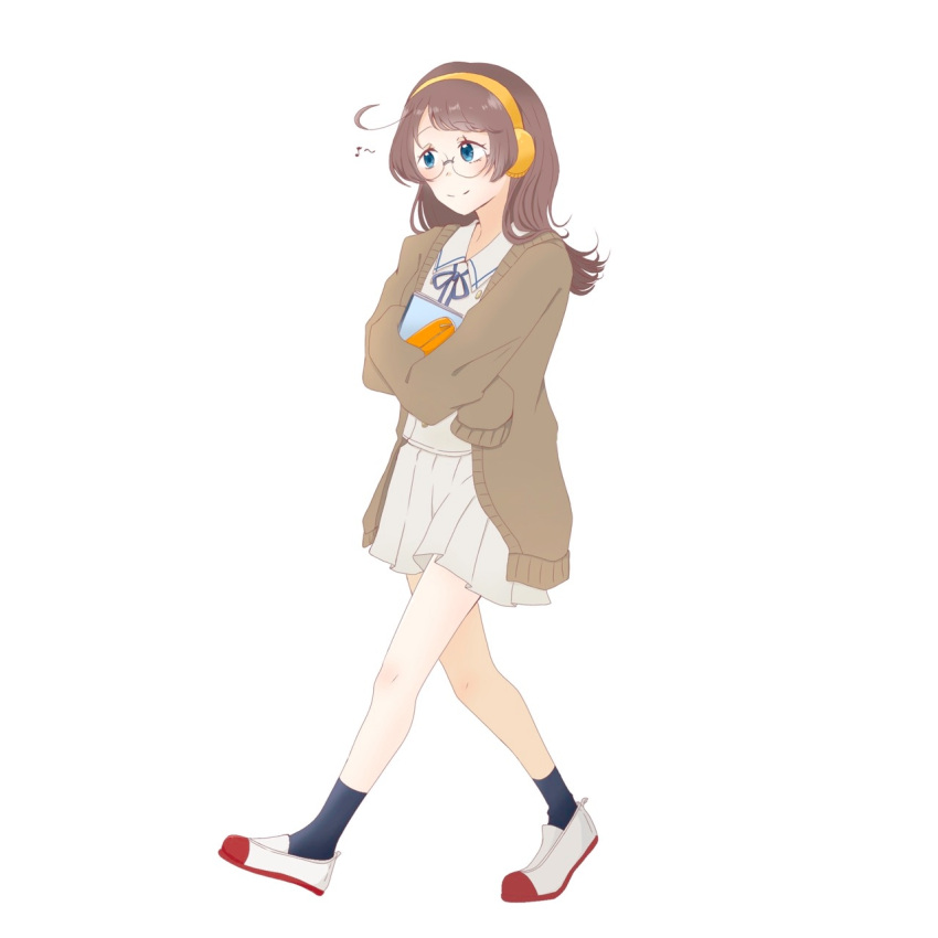 1girl, ahoge, aquarium_wa_odoranai, blue_eyes, book, glasses, headphones, highres