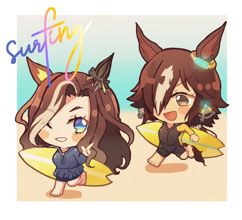 2girls, :d, ;), alternate_costume, animal_ears, blue_eyes, brown_eyes, brown_hair