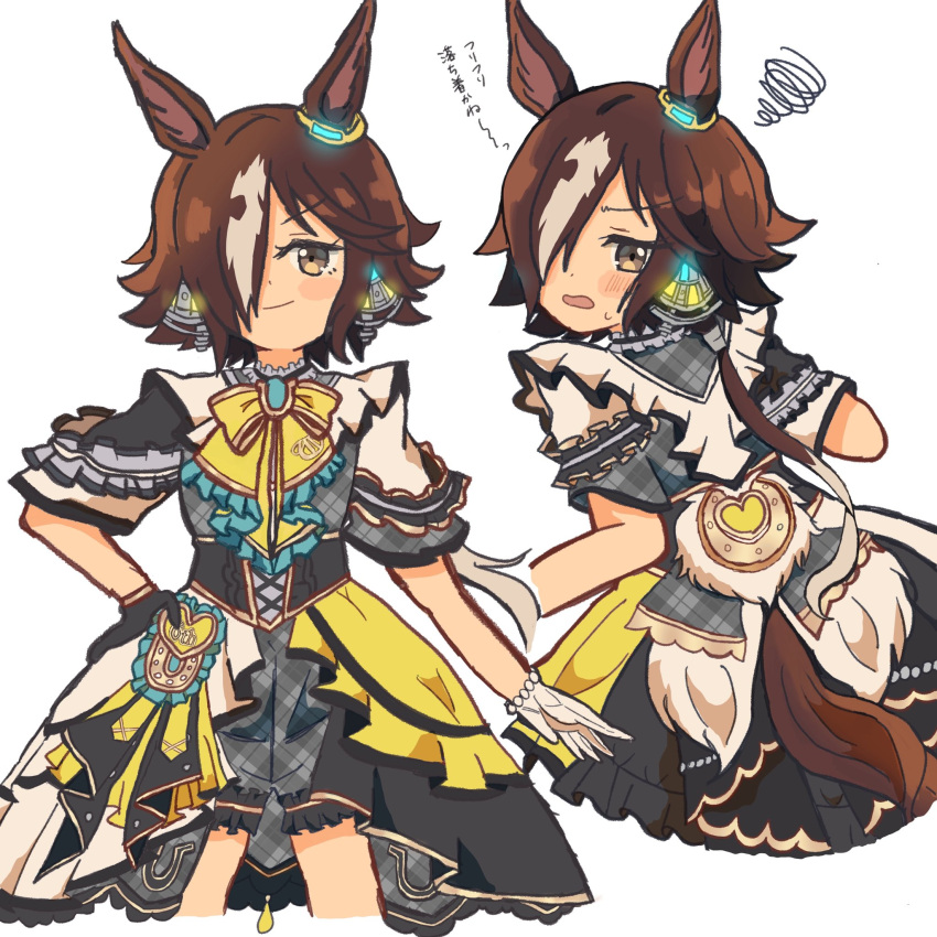1girl, animal_ears, blush, bow, bowtie, brown_eyes, brown_hair, check_costume, hair_over_one_eye, highres, horse_ears, horse_girl, horseshoe_ornament, imooo4x, long_hair, looking_at_viewer, low_ponytail, multiple_views, overskirt, plaid_clothes, plaid_shorts, ponytail, shorts, simple_background, smile, squiggle, tail, tail_through_clothes, trailblazer_bash!_(umamusume), umamusume, vodka_(umamusume), white_background, white_hair, yellow_bow, yellow_bowtie