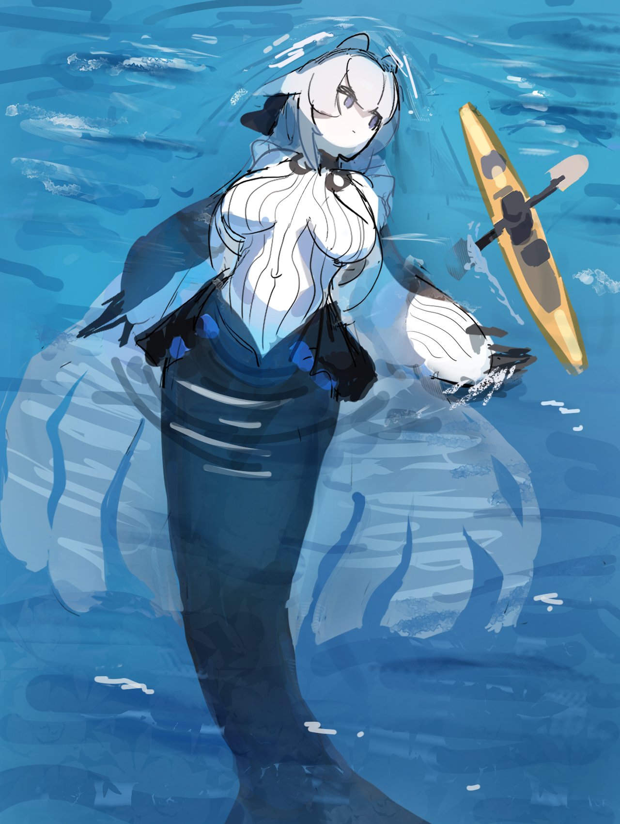 1girl, commentary_request, fins, giant, giantess, grey_eyes, hair_between_eyes, hassuyu_ni, head_fins, highres, kayak, long_hair, looking_at_another, lying, mermaid, monster_girl, navel, oar, on_back, original, paddle, partially_submerged, swimming, water, white_hair