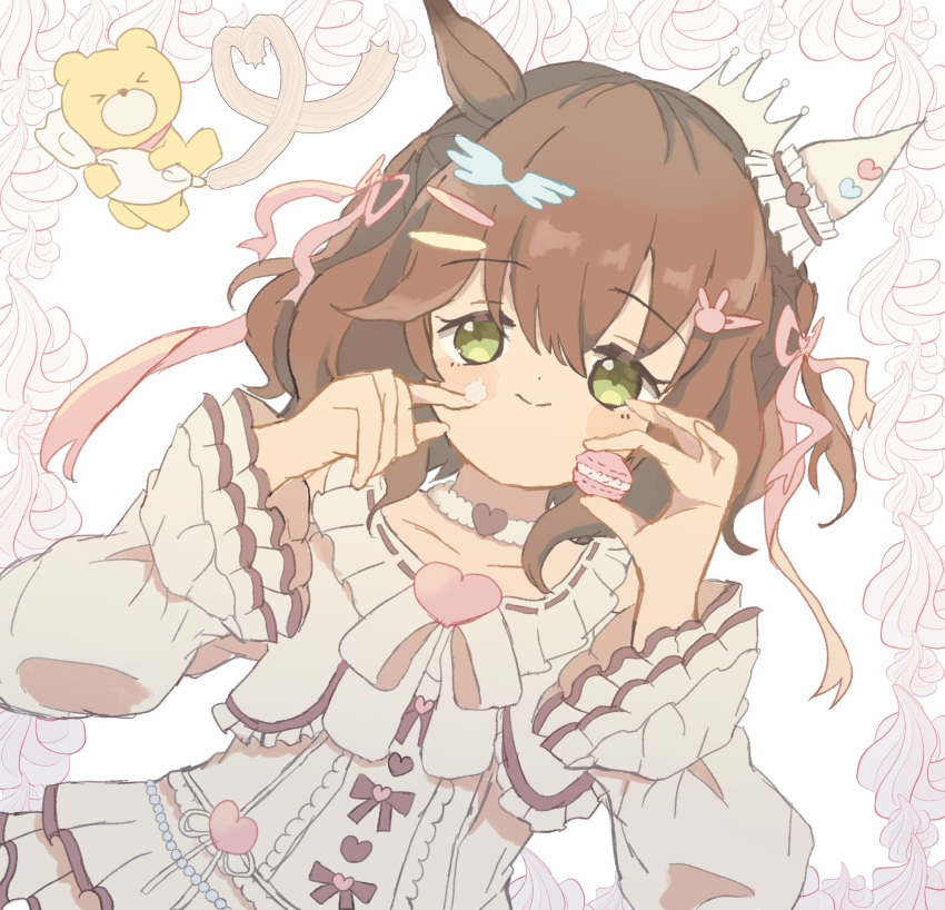 1girl, animal_ears, aston_machan_(everlasting_candy)_(umamusume), aston_machan_(umamusume), brown_hair, ear_covers, green_eyes, hair_between_eyes