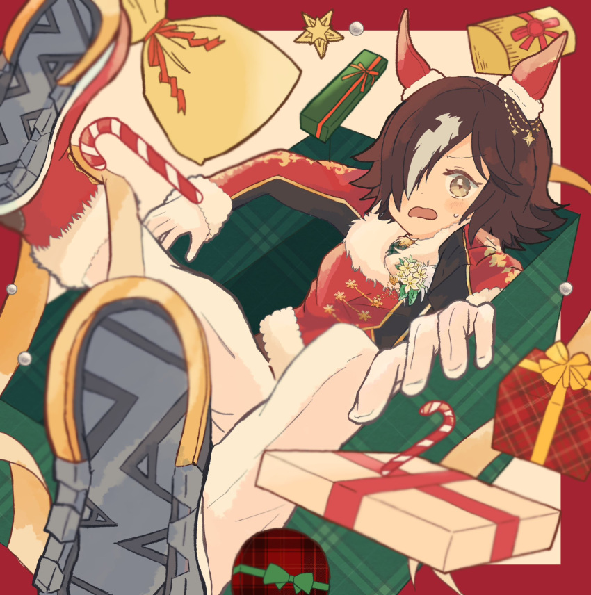 1girl, animal_ears, box, brown_eyes, brown_hair, candy, candy_cane, ear_covers