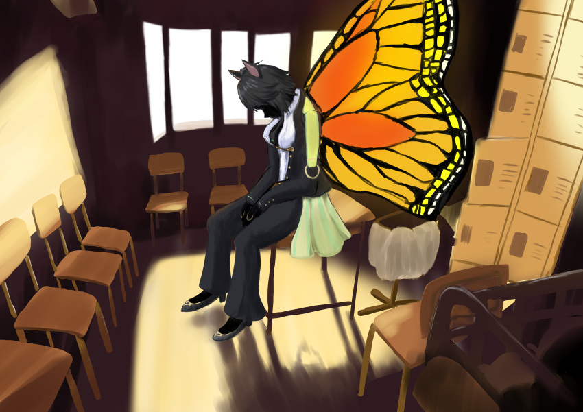 1girl, absurdres, animal_ears, black_gloves, black_hair, black_jacket, black_pants, black_shoes