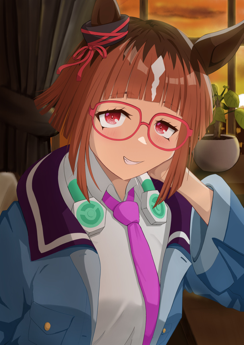 1girl, absurdres, animal_ears, blue_jacket, brown_hair, collared_shirt, headphones, headphones_around_neck
