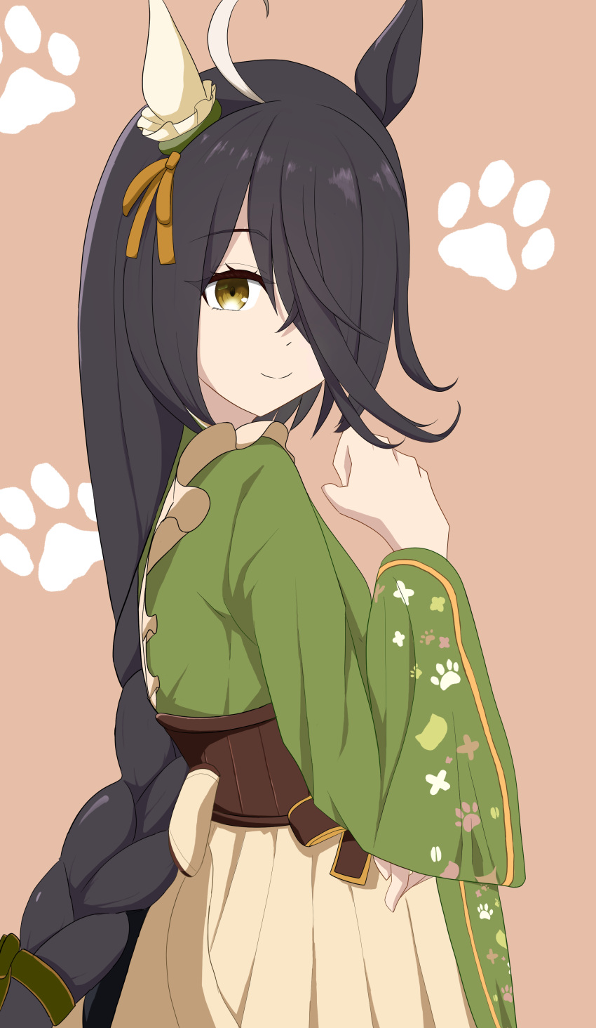 1girl, absurdres, ahoge, animal_ears, black_hair, braid, brown_background, brown_corset