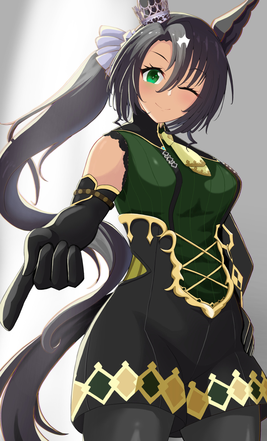 1girl, ;), absurdres, animal_ears, black_gloves, black_hair, black_pantyhose, black_suspenders