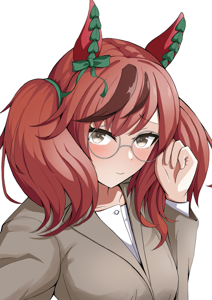 1girl, absurdres, animal_ears, blush, bow, brown_eyes, brown_hair, brown_jacket, ear_bow, ear_covers, green_bow, grey-framed_eyewear, highres, horse_ears, horse_girl, jacket, long_sleeves, looking_at_viewer, medium_hair, mog_(user_mtvk5888), multicolored_hair, nice_nature_(umamusume), round_eyewear, shirt, simple_background, smile, solo, streaked_hair, twintails, umamusume, upper_body, white_background, white_shirt