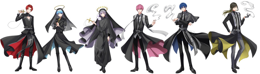 6+boys, absurdres, animal_on_shoulder, arm_at_side, bangs_pinned_back, belt, belt_buckle, black_belt, black_boots, black_choker, black_coat, black_hair, black_necktie, black_pants, black_robe, black_sash, black_shoes, black_veil, black_vest, blonde_hair, blue_eyes, blue_hair, boots, buckle, capelet, cassock, chest_harness, choker, cigarette, cleavage_cutout, clerical_collar, clothing_cutout, coat, coif, colored_tips, cross, cross_necklace, cross_print, crossed_arms, expressionless, facial_mark, full_body, gloves, grey_belt, grey_capelet, grey_gloves, grey_hair, grey_pants, grey_shirt, hair_between_eyes, halo, hand_on_own_hip, harness, heart, heart_facial_mark, highres, holding, holding_cigarette, holding_cross, hotoke_(ireisu), if_(ireisu), ireisu, jewelry, juliet_sleeves, kamippoina_(vocaloid), knee_boots, latin_cross, lineup, liura_(ireisu), long_coat, long_hair, long_sleeves, looking_at_viewer, low_ponytail, male_focus, mole, mole_under_eye, multicolored_hair, multiple_boys, multiple_moles, naiko_(ireisu), necklace, necktie, official_art, open_clothes, open_coat, own_hands_clasped, own_hands_together, pants, parted_lips, pelvic_curtain, pink_coat, pink_eyes, pink_hair, ponytail, priest, puffy_sleeves, rabbit, red_eyes, red_hair, robe, rosary, sash, shirt, sho_(ireisu), shoes, short_hair, sidelocks, simple_background, sleeve_ribbon, smile, smoke, smoke_trail, soiya_(soiyaaaaaa2), standing, star_halo, stole, swept_bangs, traditional_halo, turtleneck, two-sided_coat, two-sided_fabric, two-sided_robe, utaite, veil, vest, violet_eyes, wallet_chain, white_background, wide_sleeves, yellow_halo, yusuke_(ireisu)