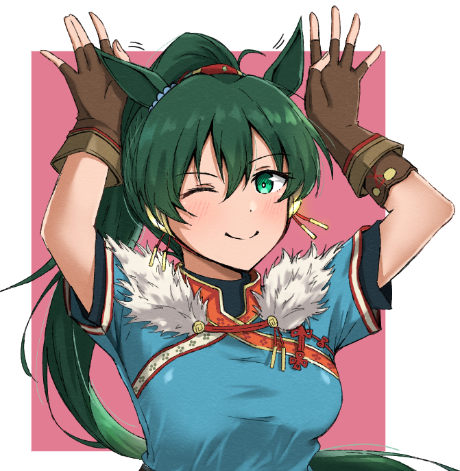 1girl, ;), animal_ears, blush, brown_gloves, fingerless_gloves, fire_emblem, fire_emblem:_the_blazing_blade, fire_emblem_shadows, gloves, green_eyes, grey_hair, hair_between_eyes, horse_ears, horse_girl, long_hair, looking_at_viewer, lyn_(fire_emblem), lyn_(plains_wind)_(fire_emblem), one_eye_closed, ponytail, short_sleeves, smile, solo, umamusume, upper_body, vankin, very_long_hair