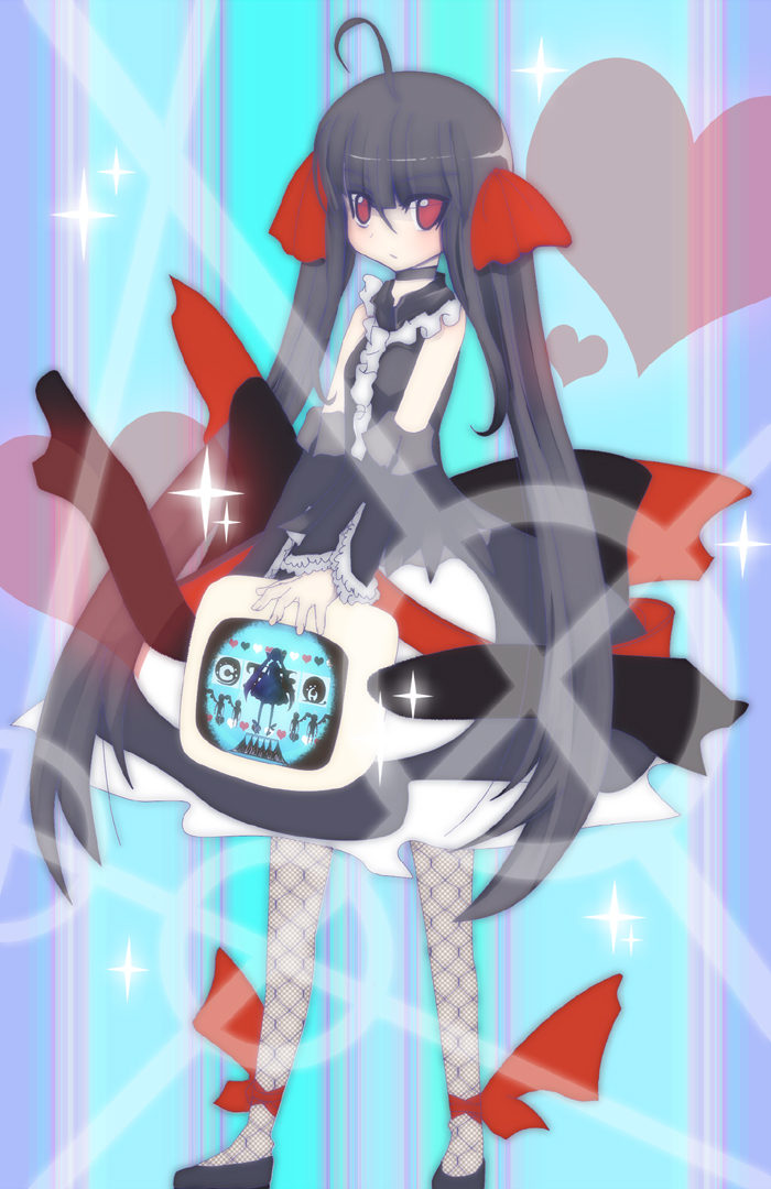 ankle_cuffs, black_hair, choker, detached_sleeves, dress, h.n.elly_(kirsten), heart, kami9998, long_hair, mahou_shoujo_madoka_magica, personification, red_eyes, solo, sparkle, television, twintails, very_long_hair