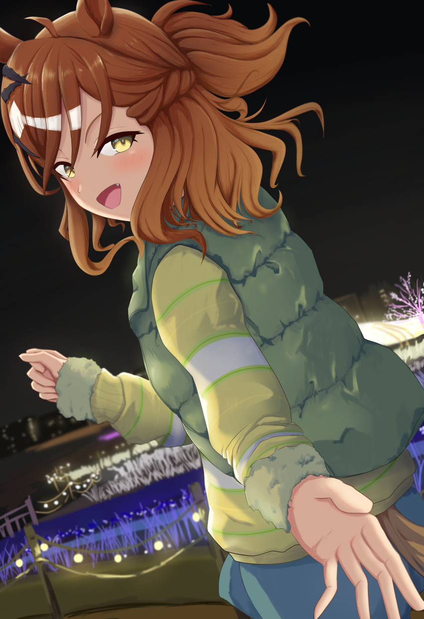 1girl, absurdres, ahoge, animal_ears, braid, brown_hair, dutch_angle, fang