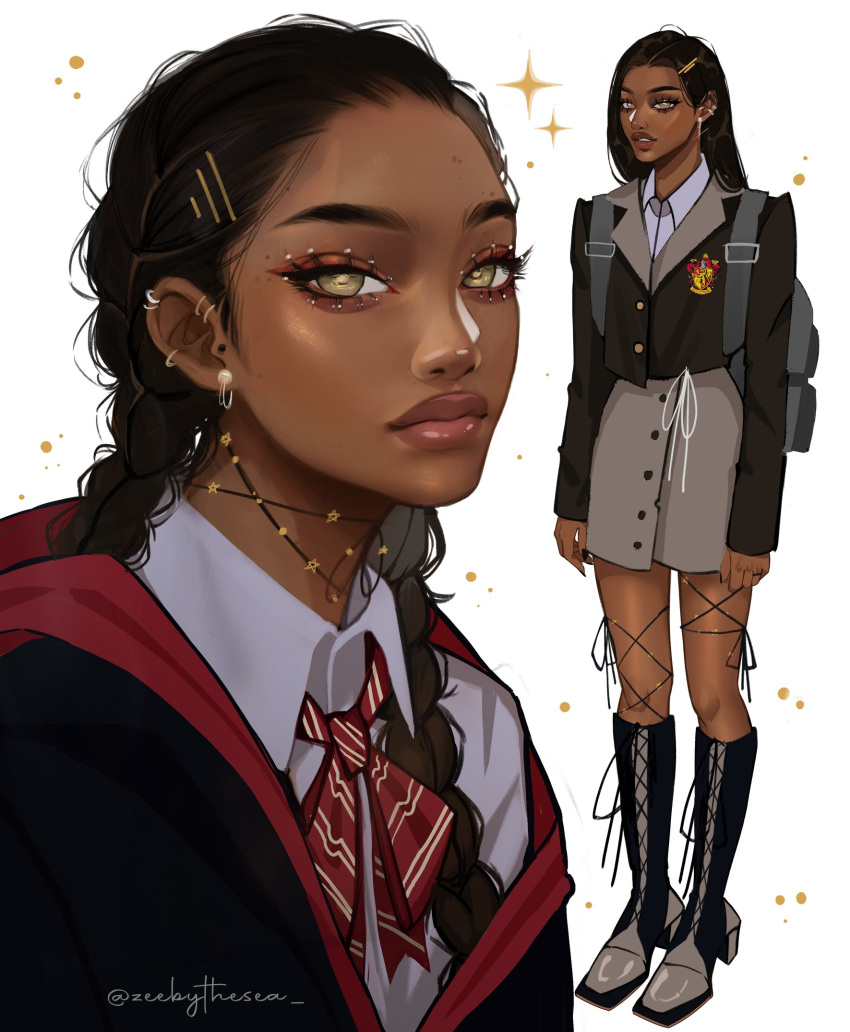 1girl, aegyo_sal, black_coat, blazer, boots, bow, bowtie, braid