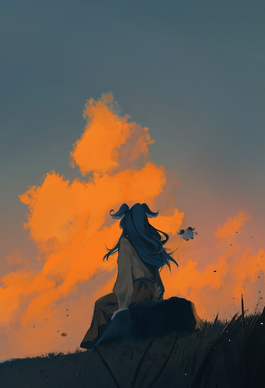 1girl, blue_hair, dusk, elira_pendora, elira_pendora_(3rd_costume), english_commentary, from_behind, head_wings, highres, laari_000, long_hair, nijisanji, nijisanji_en, on_rock, sitting, virtual_youtuber, weewa_(elira_pendora), wings