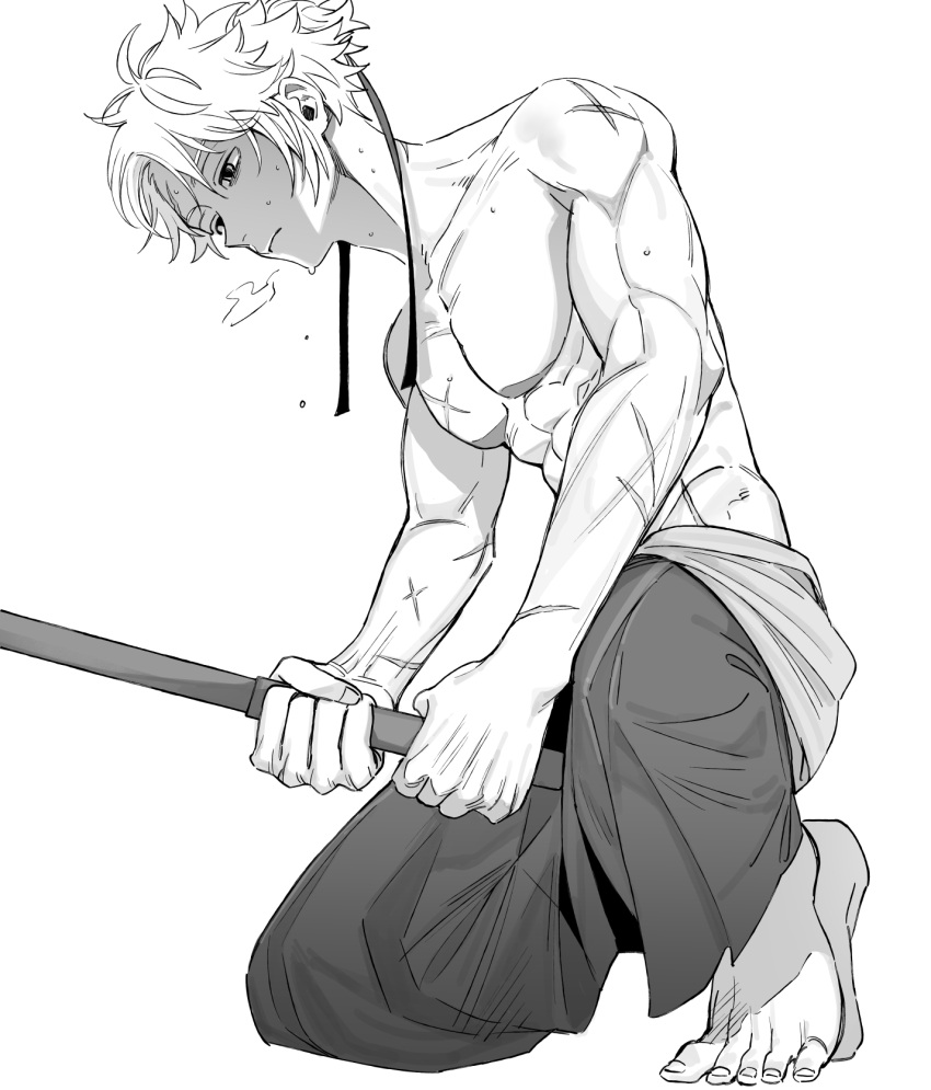 1boy, fate/grand_order, fate_(series), full_body, greyscale, hakama, highres, holding, holding_sword, holding_weapon, japanese_clothes, male_focus, monochrome, multiple_scars, on_one_knee, scar, scar_on_arm, scar_on_chest, scar_on_face, scar_on_forehead, shikibreeki, short_hair, simple_background, solo, sweat, sword, topless_male, toudou_heisuke_(fate), training, weapon, white_background