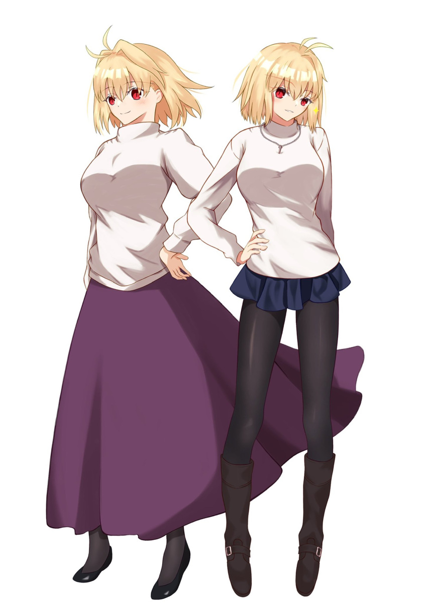 2girls, ahoge, arcueid_brunestud, black_pantyhose, blonde_hair, blue_skirt, boots, brown_boots