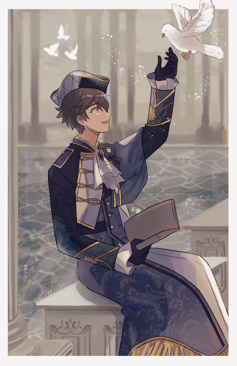 1boy, arm_up, astraea's_atelier_(ensemble_stars!), bird, black_gloves, book, brown_eyes, brown_hair, buttons, commentary_request, dove, ensemble_stars!, from_side, gloves, highres, holding, holding_book, long_hair, male_focus, morisawa_chiaki, nago_0313, official_alternate_costume, open_book, open_mouth, short_hair, sitting, solo, very_long_hair, white_bird