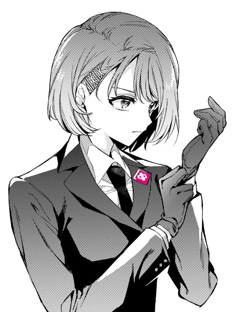 1girl, adjusting_clothes, adjusting_gloves, amatsumi_inori, asymmetrical_bangs, bob_cut, closed_mouth, collared_shirt