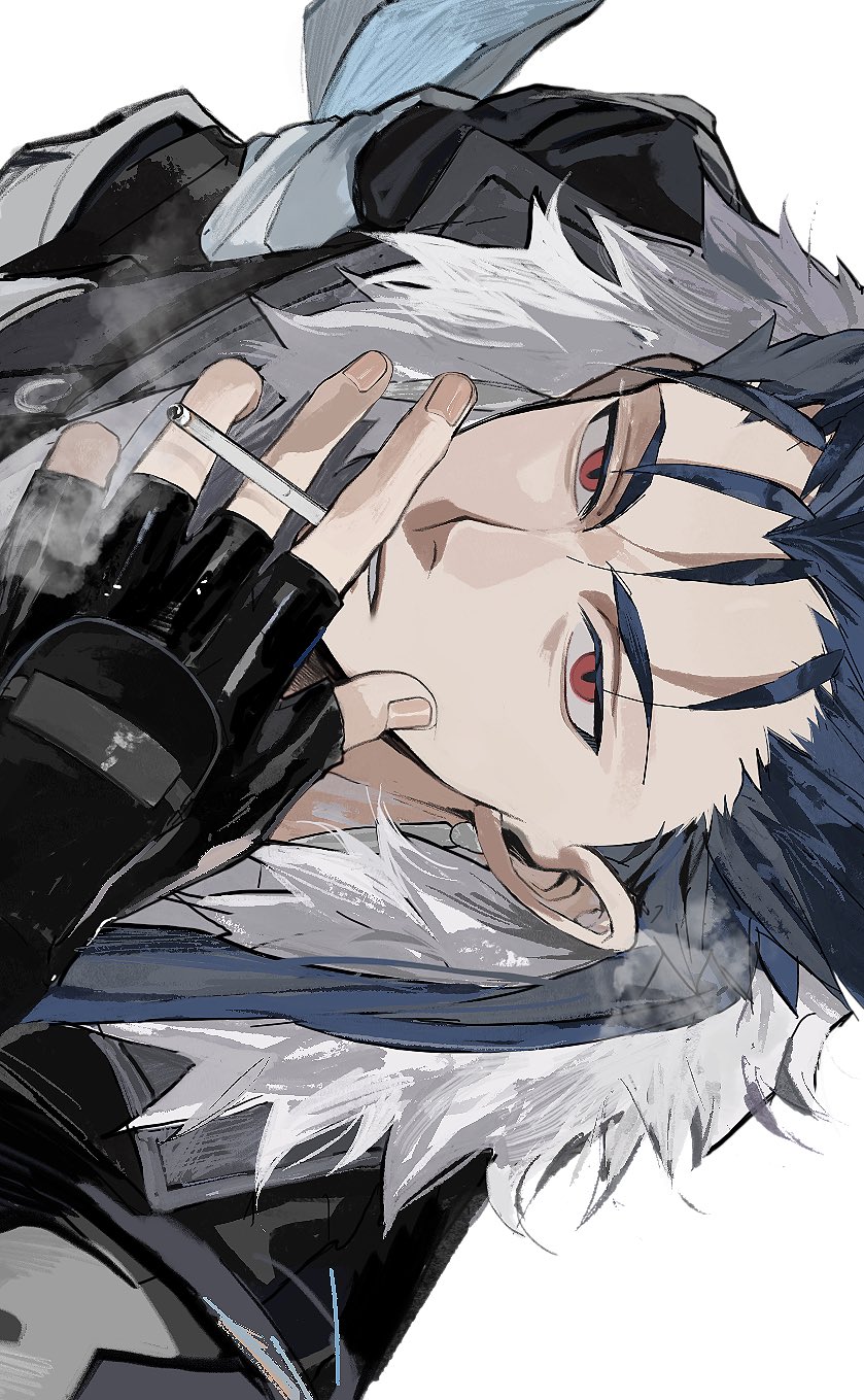 1boy, black_gloves, blue_hair, cigarette, cu_chulainn_(fate), cu_chulainn_(honkai:_star_rail)_(fate), cu_chulainn_(lancer)_(fate), earrings