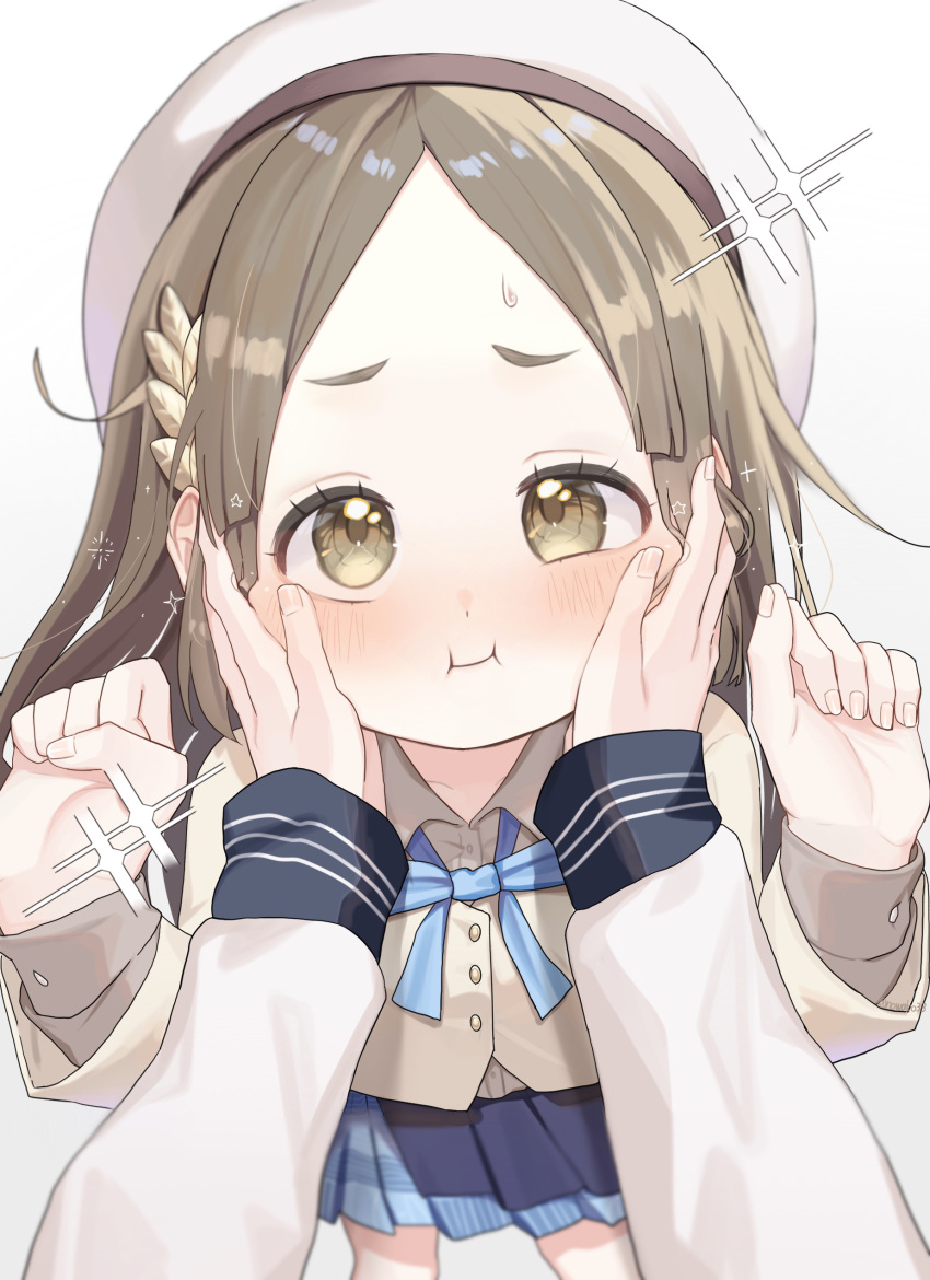 2girls, :i, absurdres, beret, blue_overskirt, blue_skirt, blush, brown_hair