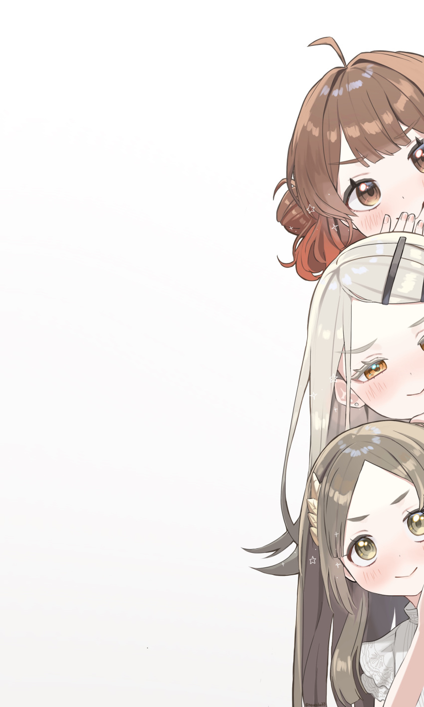 3girls, absurdres, ahoge, blush, brown_hair, colored_eyelashes, commentary_request, earrings